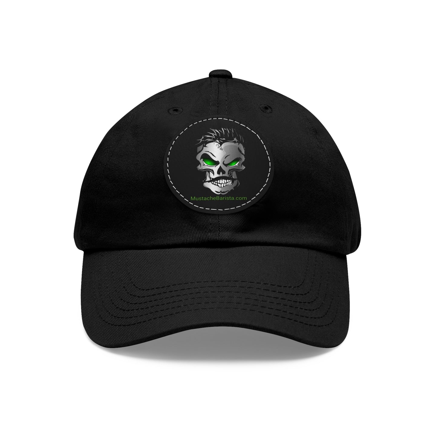 Mustache Barista, Dad Hat with Skull Logo Leather Patch