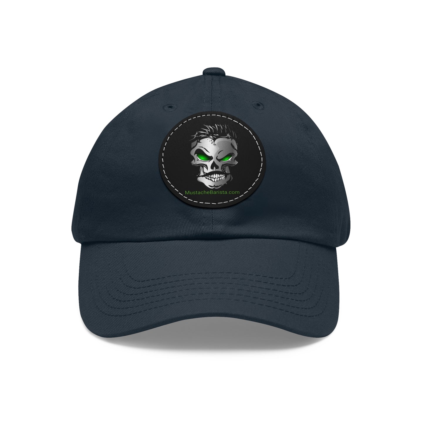 Mustache Barista, Dad Hat with Skull Logo Leather Patch