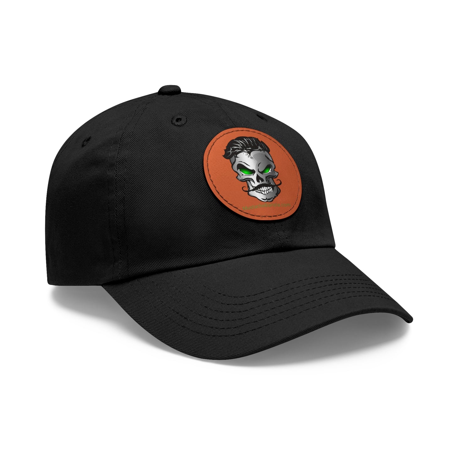 Mustache Barista, Dad Hat with Skull Logo Leather Patch