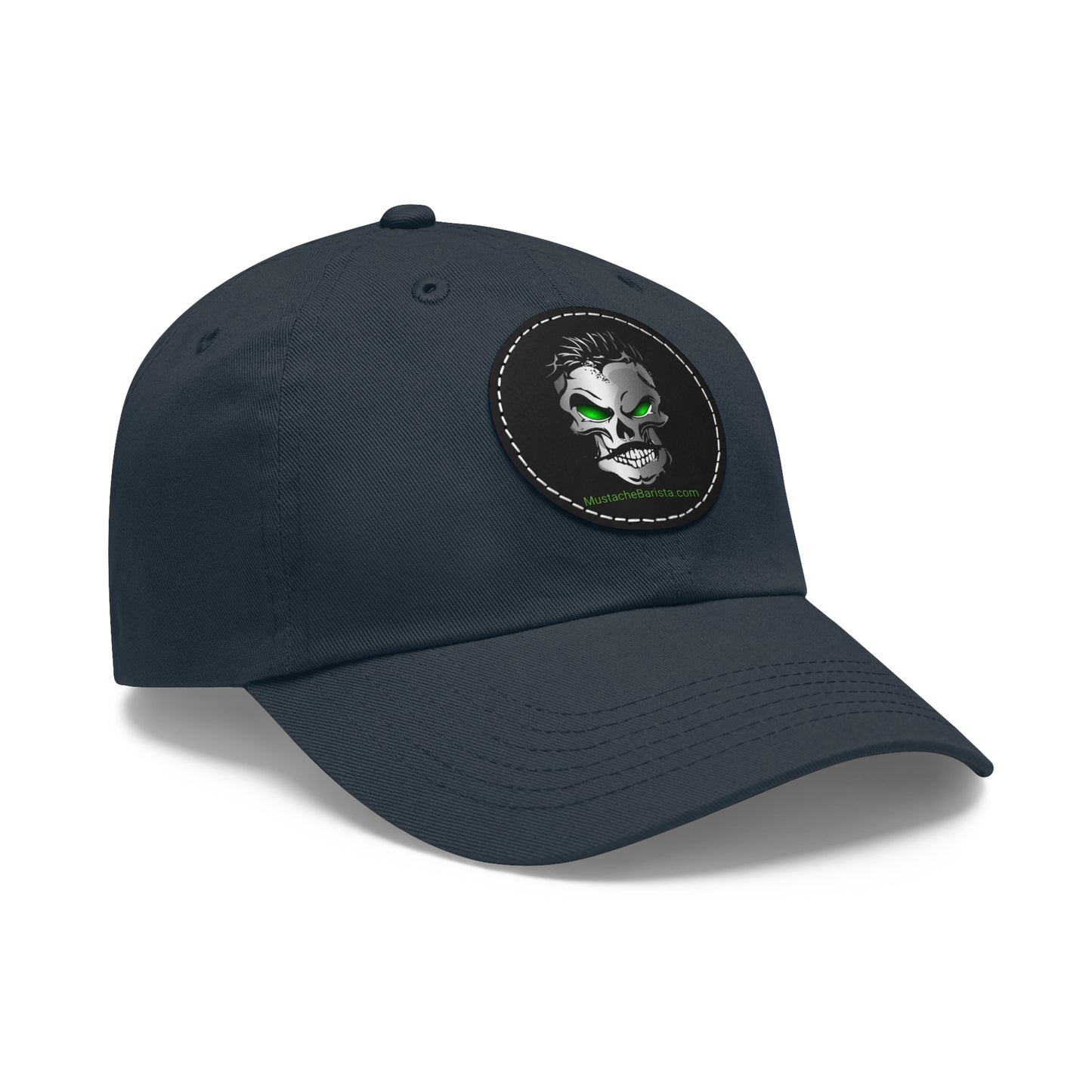 Mustache Barista, Dad Hat with Skull Logo Leather Patch