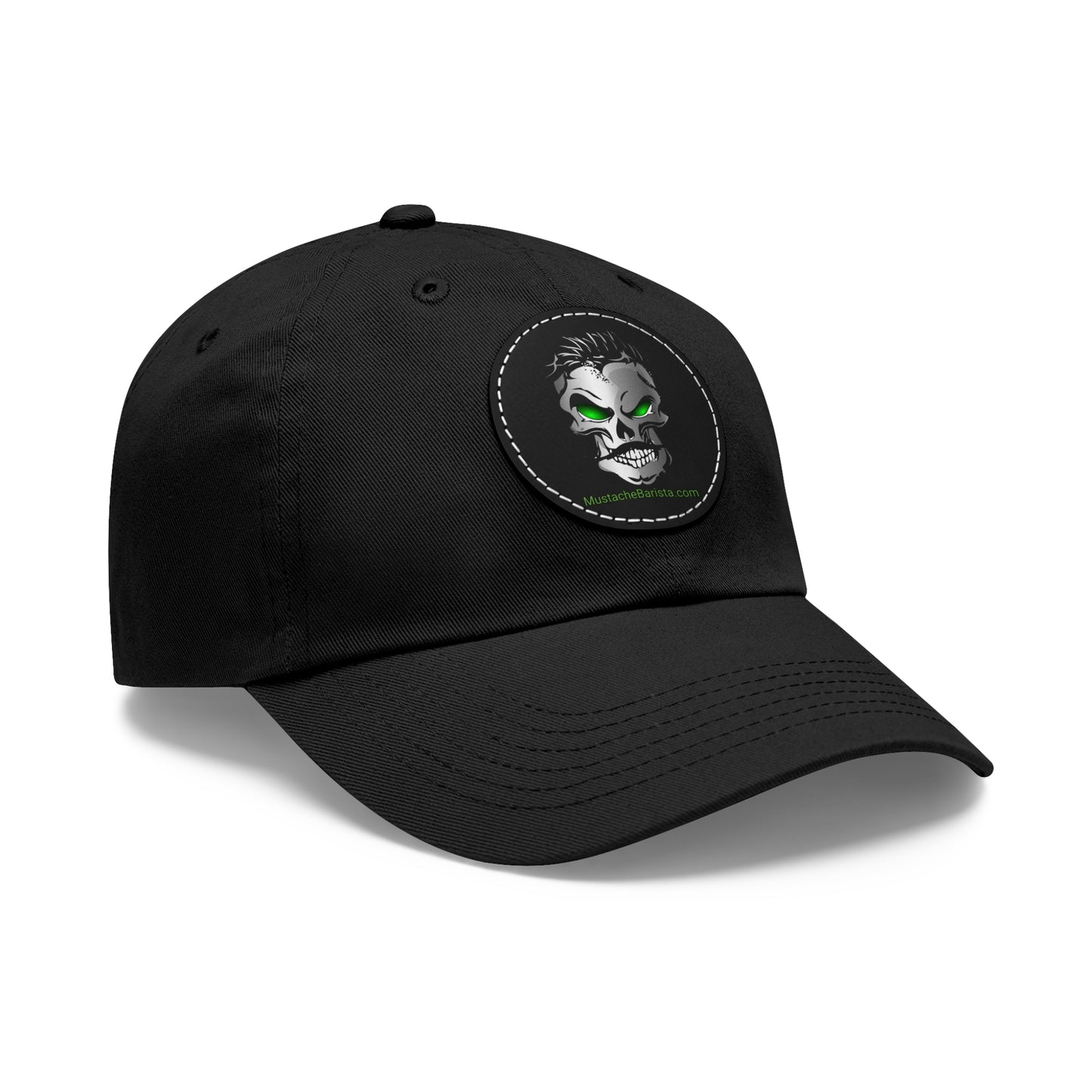 Mustache Barista, Dad Hat with Skull Logo Leather Patch