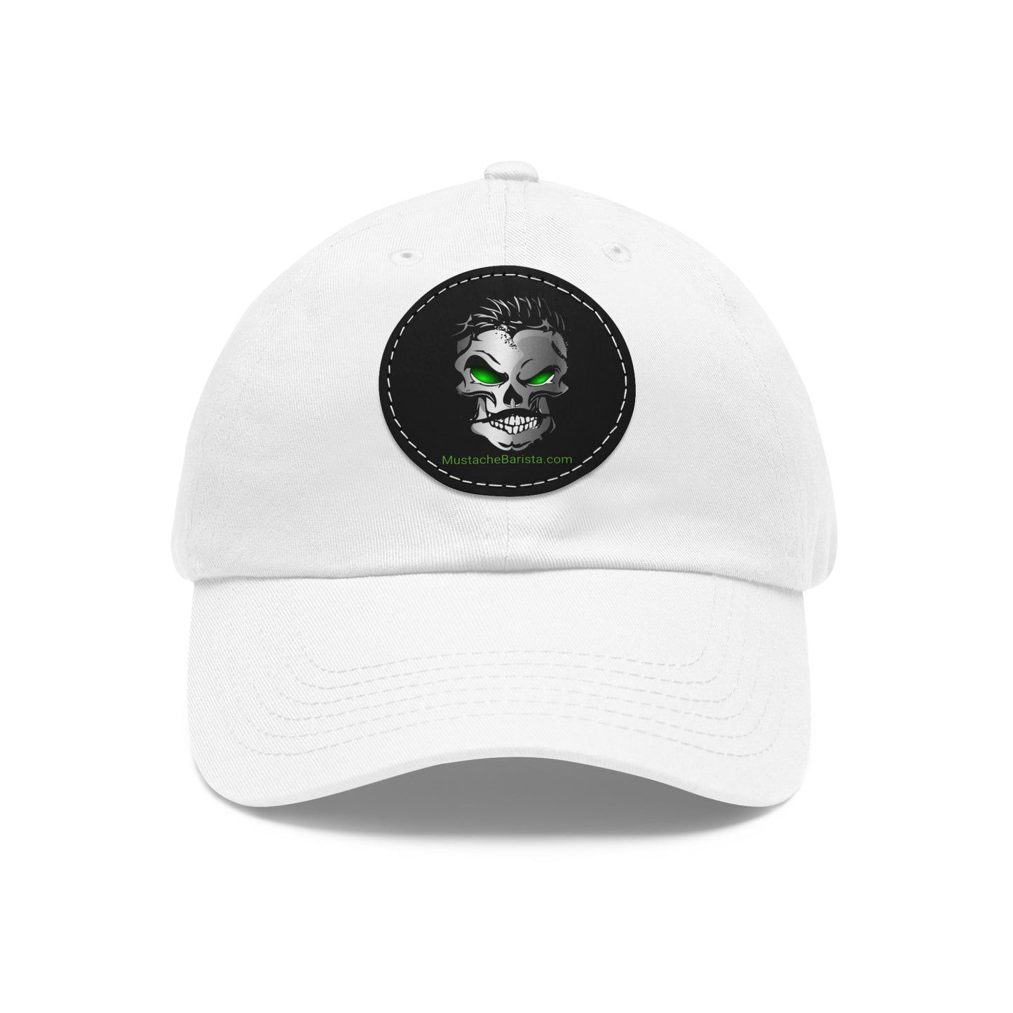 Mustache Barista, Dad Hat with Skull Logo Leather Patch