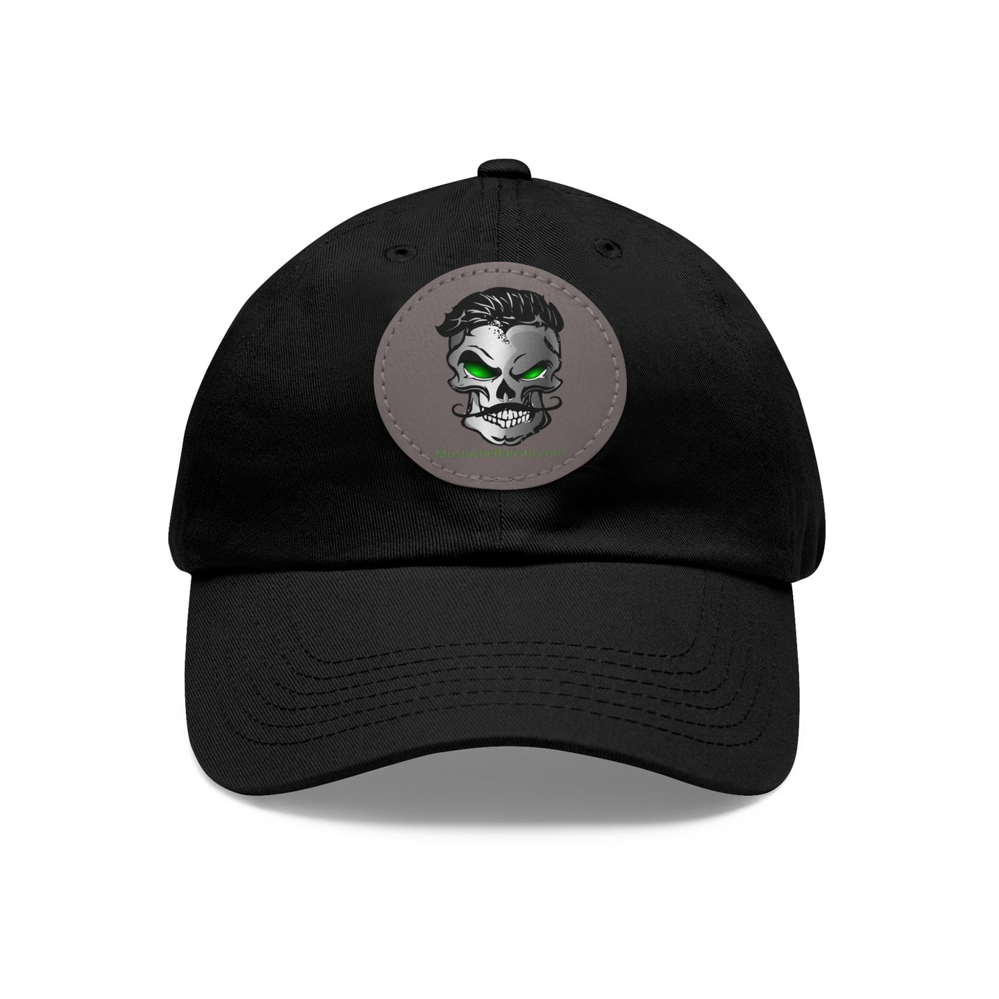 Mustache Barista, Dad Hat with Skull Logo Leather Patch